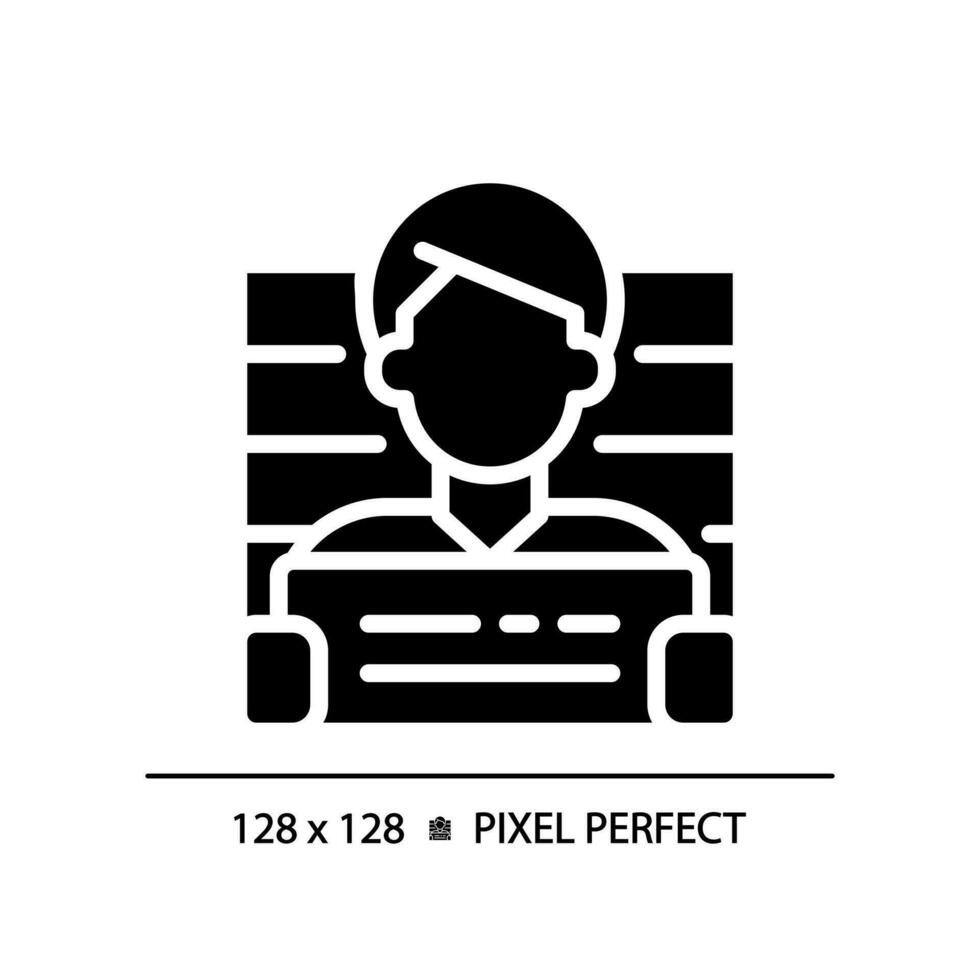 vermoedelijke pixel perfect rgb kleur icoon. arresteren van crimineel persoon. geval onderzoek met wettelijk wetten. oordeel. silhouet symbool Aan wit ruimte. solide pictogram. vector geïsoleerd illustratie