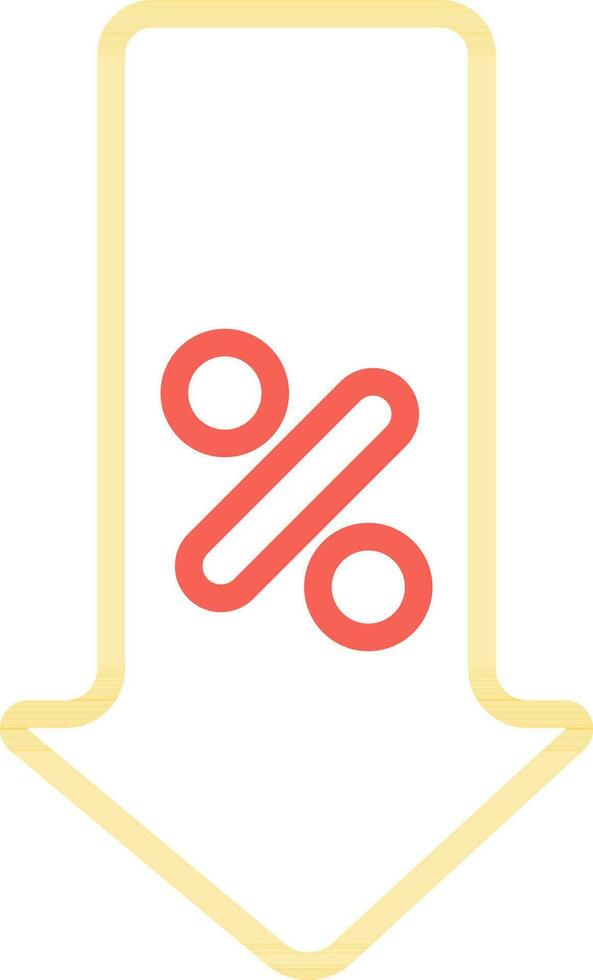 lijn kunst percentage pijl naar beneden icoon in rood en geel kleur. vector