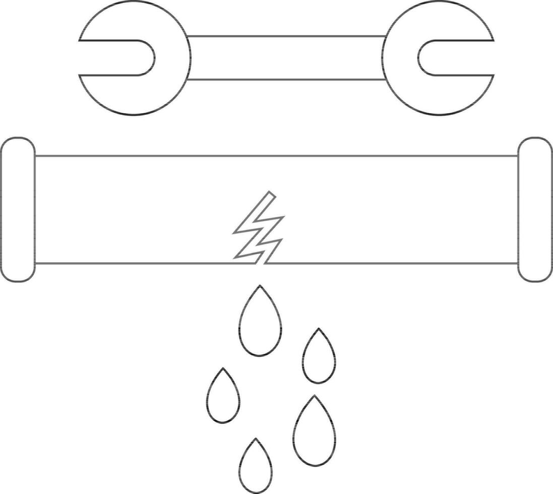 zwart lijn kunst gebroken pijp met moersleutel in vlak stijl. vector