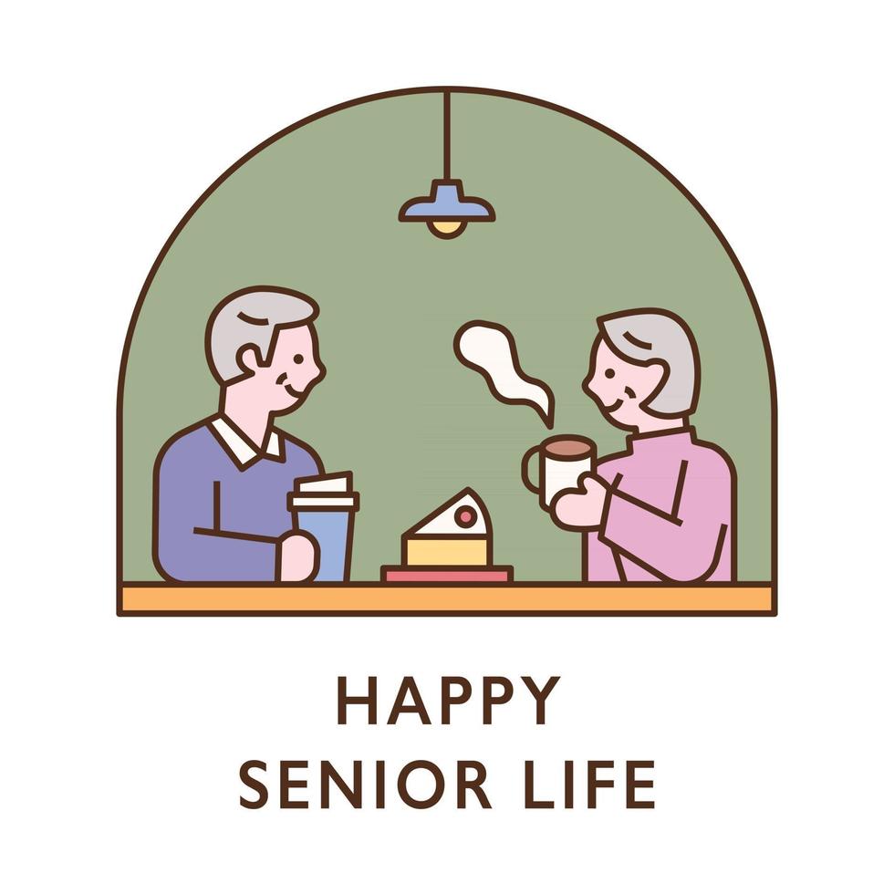 een senior koppel eet koffie en cake in een café. platte ontwerpstijl minimale vectorillustratie. vector