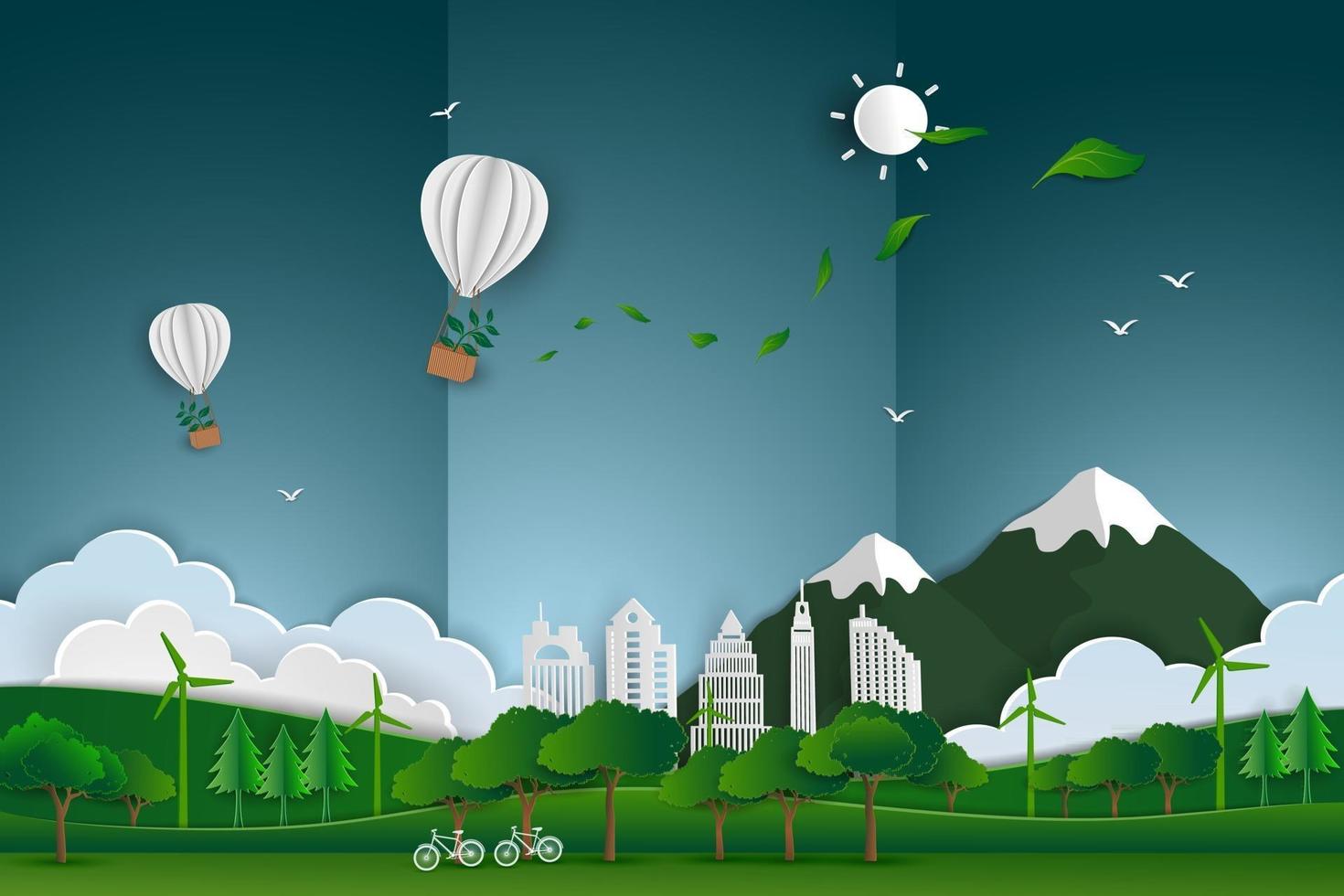 natuur- en milieubehoud concept hete luchtballon met boom zwevend over stedelijk stadslandschap op papier kunstscène abstracte achtergrond vector