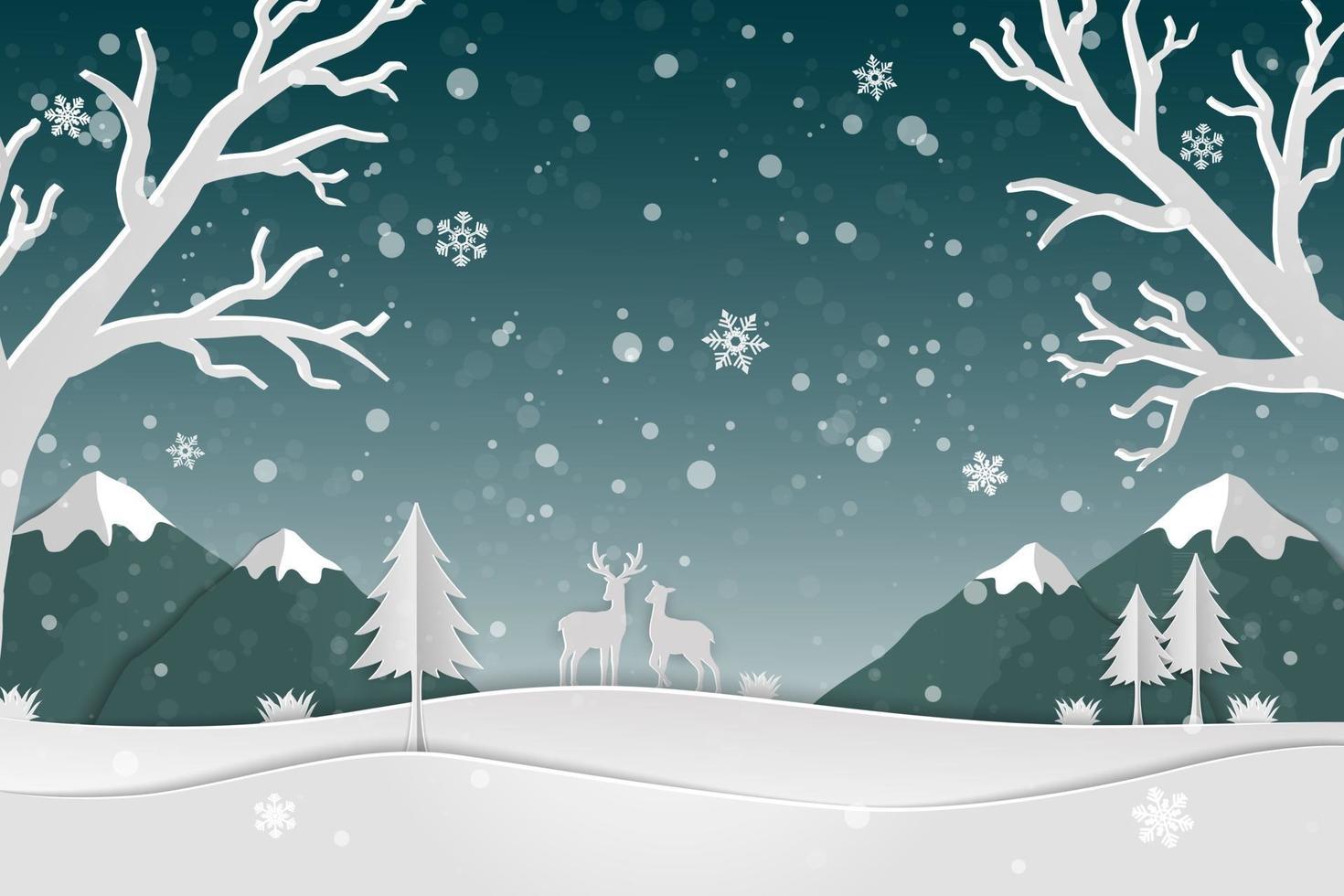 papier kunst landschap met hertenfamilie en sneeuwvlokken in het bos iconen van winterseizoen abstracte achtergrond vector