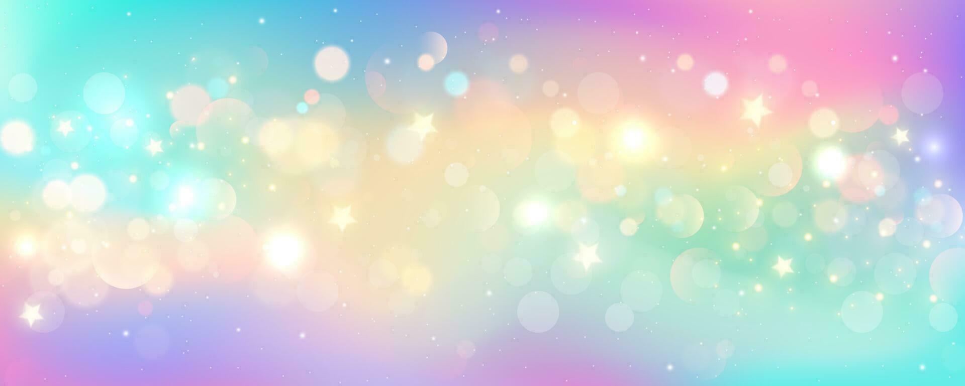 regenboog eenhoorn achtergrond. pastel fantasie lucht met bokeh en sterren. magie holografische heelal. marmeren kawaii textuur. vector kosmisch meisje behang.