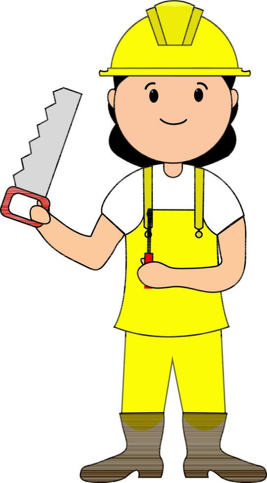 meisje in bouw arbeiders uniform Holding hand- zaag. vector