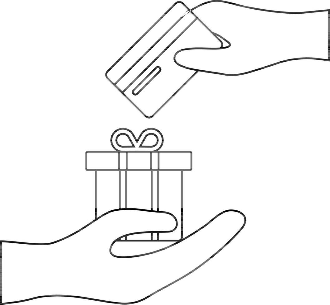 lijn kunst hand- Holding geschenk doos met kaart betaling methode. vector