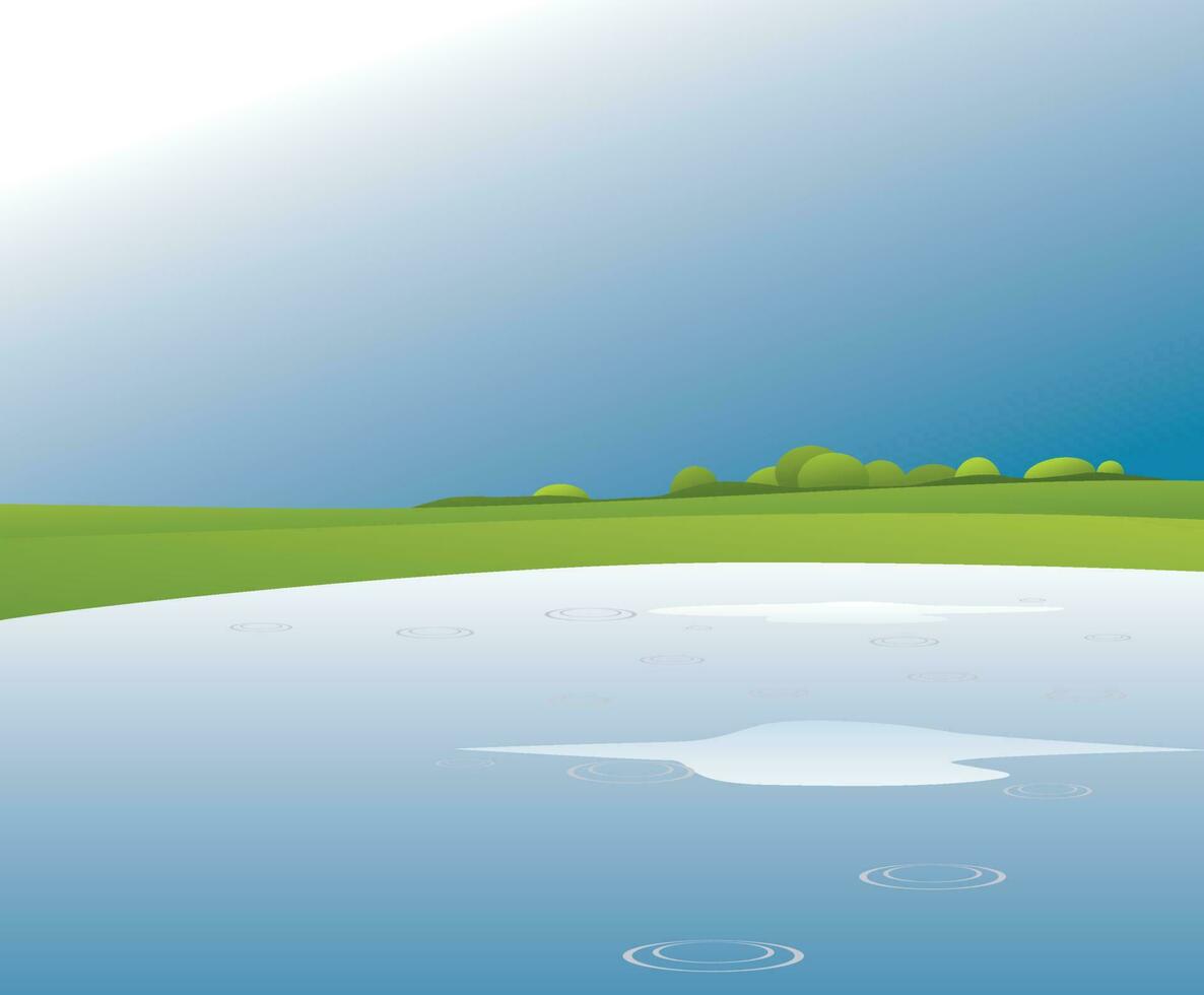 groen landschap met rivier- en blauw lucht. vector