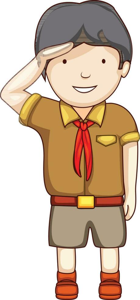 schattig weinig jongen in verkenner uniform en groetend. vector