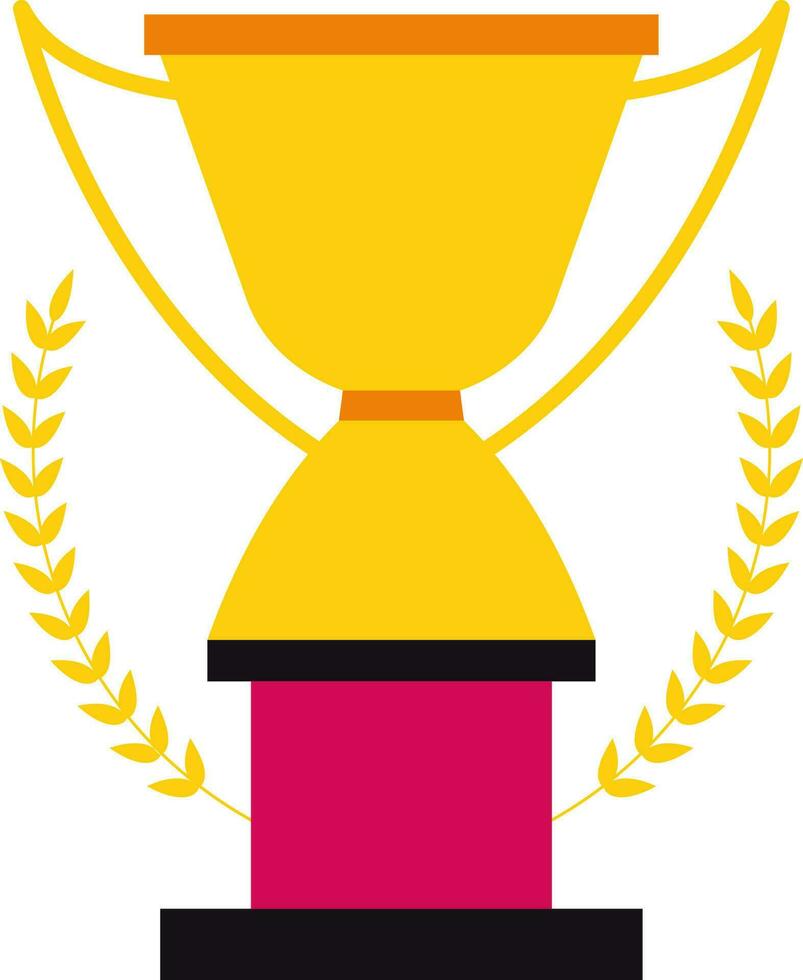 geel laurier krans versierd oranje en roze trofee beker. vector