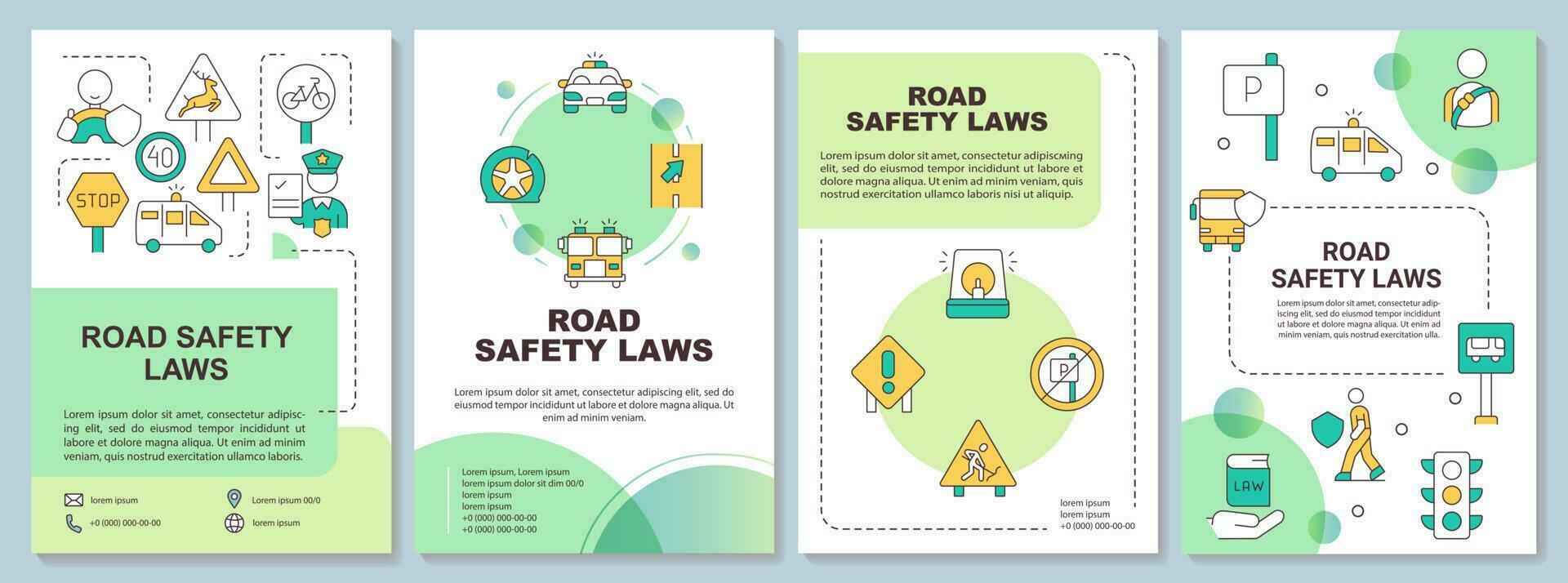 weg veiligheid wetten groen brochure sjabloon. het rijden voorschriften. brochure ontwerp met lineair pictogrammen. bewerkbare 4 vector indelingen voor presentatie, jaar- rapporten