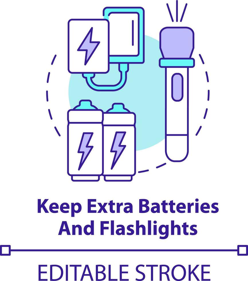 houden extra batterijen en zaklampen concept icoon. overstroming veiligheid meten abstract idee dun lijn illustratie. geïsoleerd schets tekening. bewerkbare beroerte vector