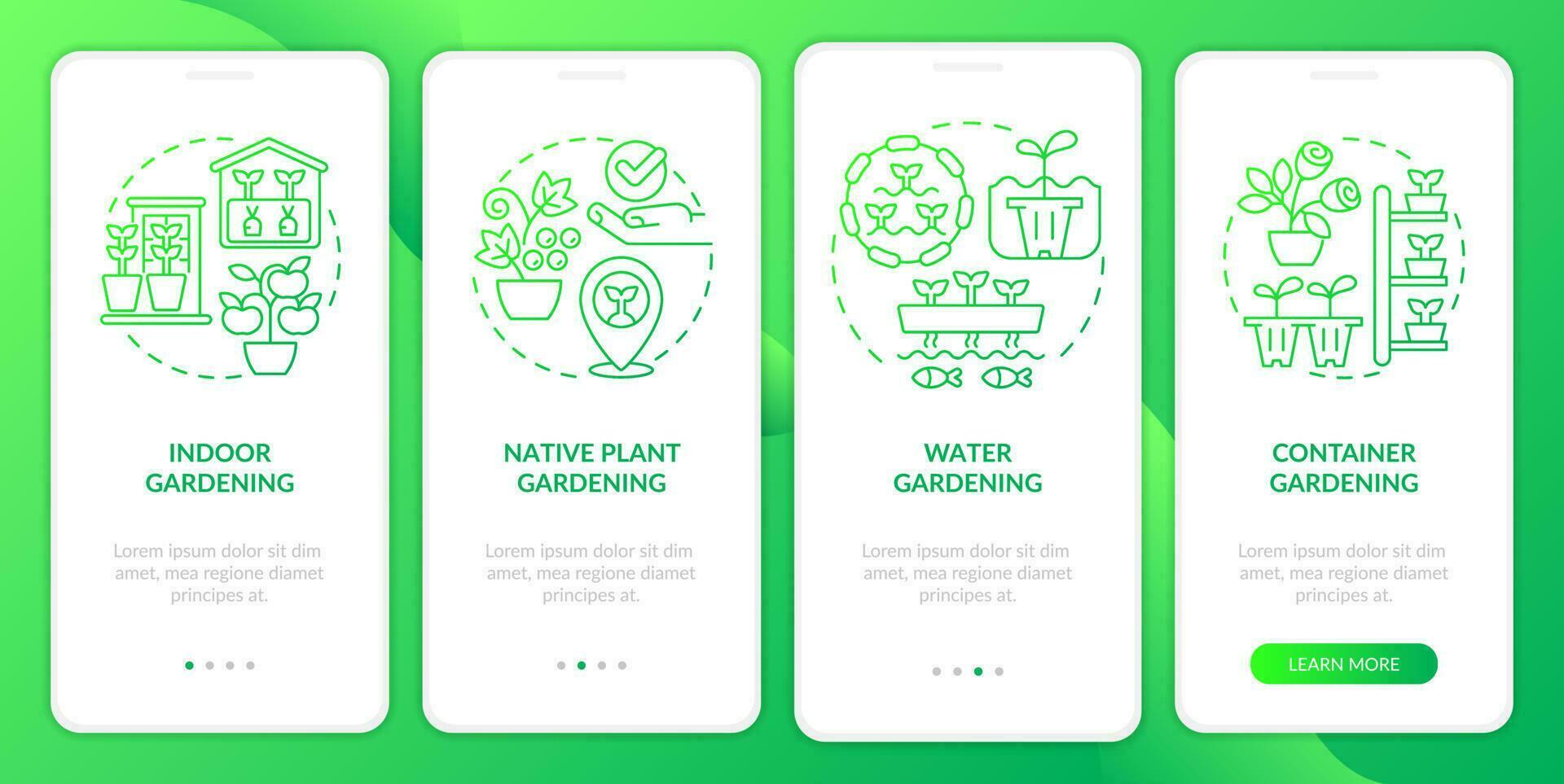 tuinieren types groen helling onboarding mobiel app scherm. landbouw walkthrough 4 stappen grafisch instructies met lineair concepten. ui, ux, gui sjabloon vector