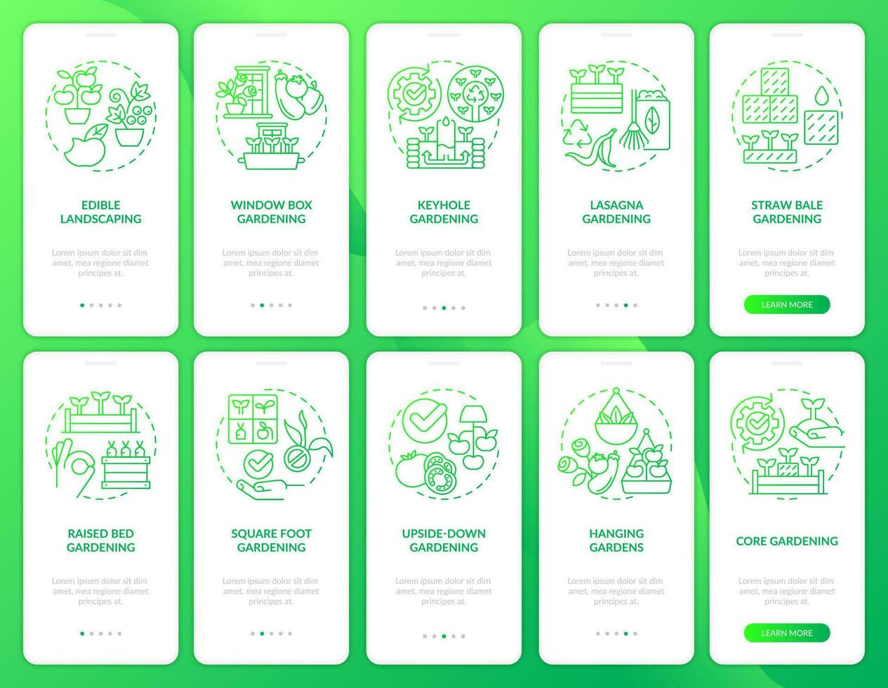 tuinieren methoden groen helling onboarding mobiel app scherm set. aanplant walkthrough 5 stappen grafisch instructies met lineair concepten. ui, ux, gui sjabloon vector