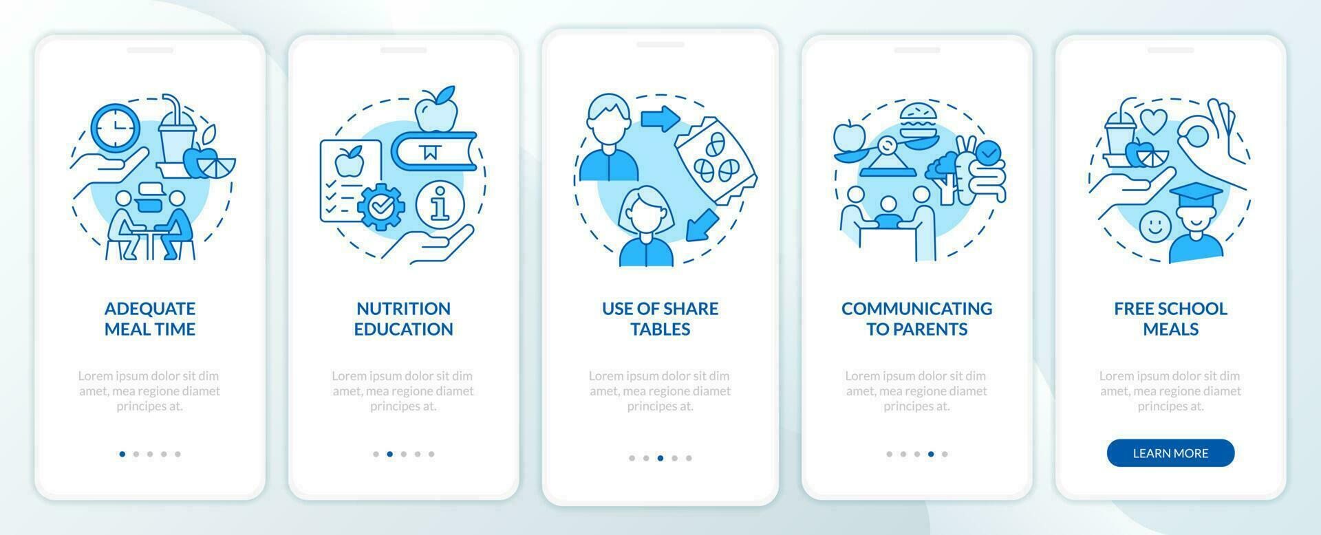 toenemen school- lunch deelname blauw onboarding mobiel app scherm. walkthrough 5 stappen bewerkbare grafisch instructie met lineair concepten. ui, ux, gui sjabloon vector