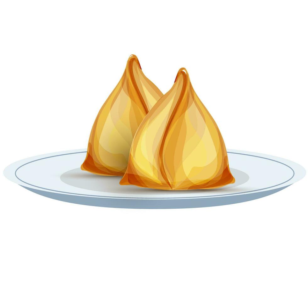 glimmend gouden twee samosa's Aan grijs bord. vector