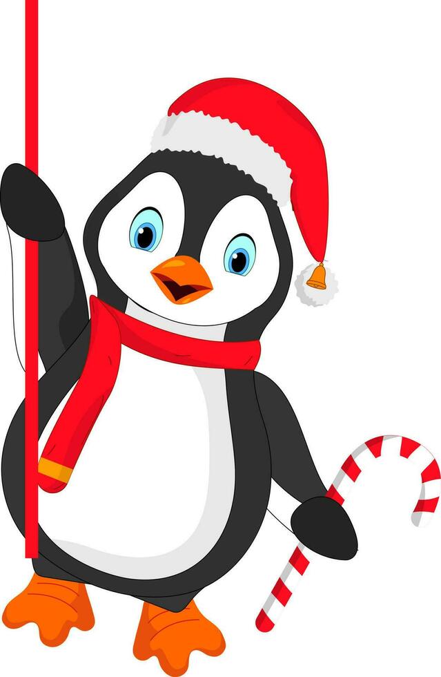 karakter van pinguïn Holding snoep riet Aan wit achtergrond. vector