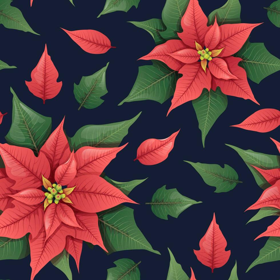 naadloos vector patroon met Kerstmis bloem - rood kerstster Aan een donker achtergrond. geschikt voor omhulsel papier, achtergronden, decor, Kerstmis decoraties