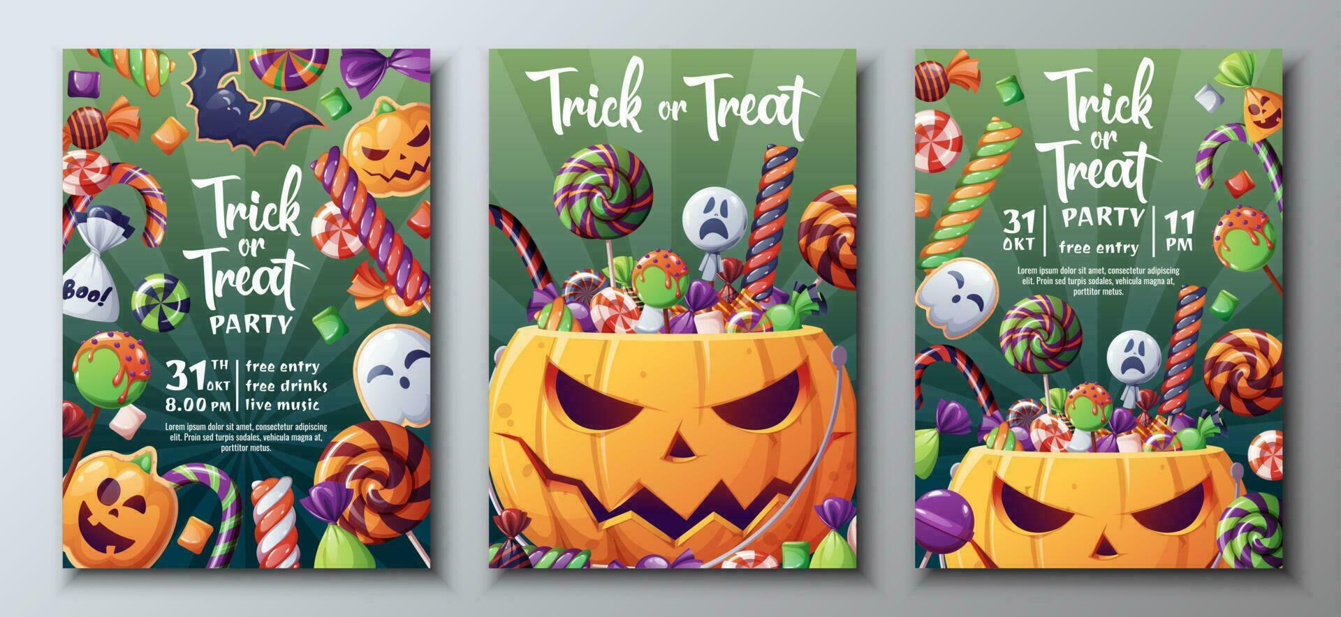 vector reeks van halloween partij uitnodigingen of groet kaarten met pompoen en verschrikkelijk snoepgoed, snoepjes, lolly. truc of traktatie
