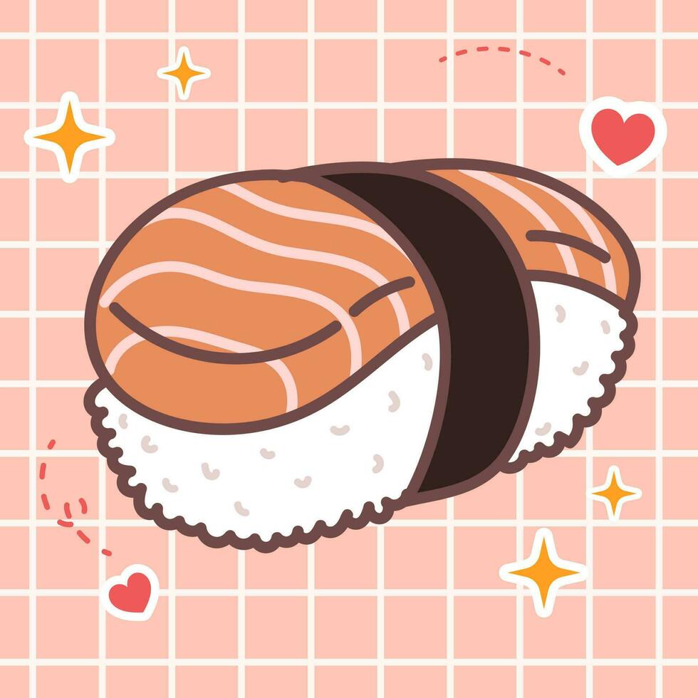 kawaii voedsel tekenfilm van Zalm sushi vector icoon van schattig Japans tekening stijl voor kind Product, sticker, overhemd Aan oranje achtergrond vlak illustratie