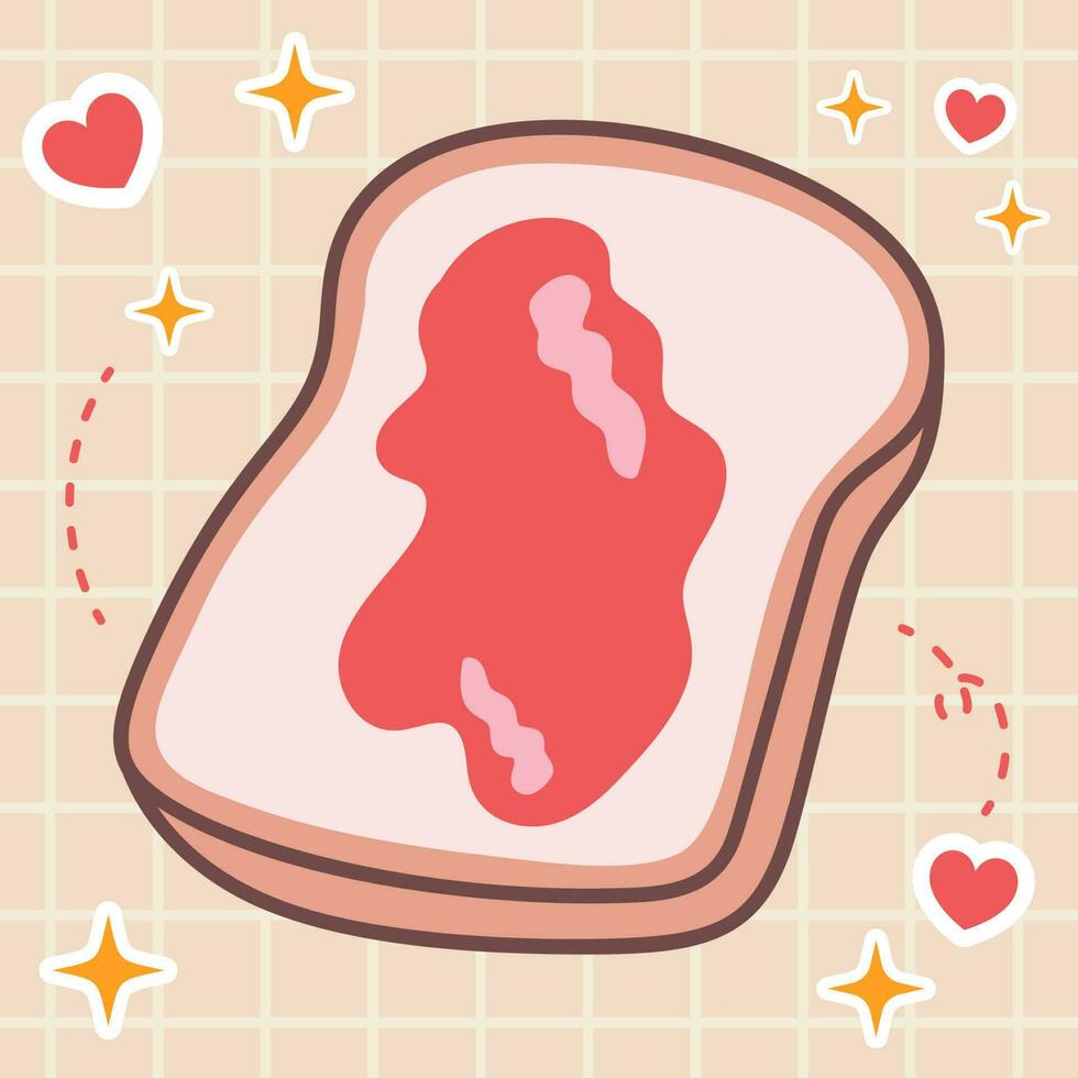 kawaii voedsel tekenfilm van aardbei jam geroosterd brood of ontbijt brood illustratie. vector icoon van schattig van Japans tekening stijl voor kind Product, sticker, shirt, behang, kaart