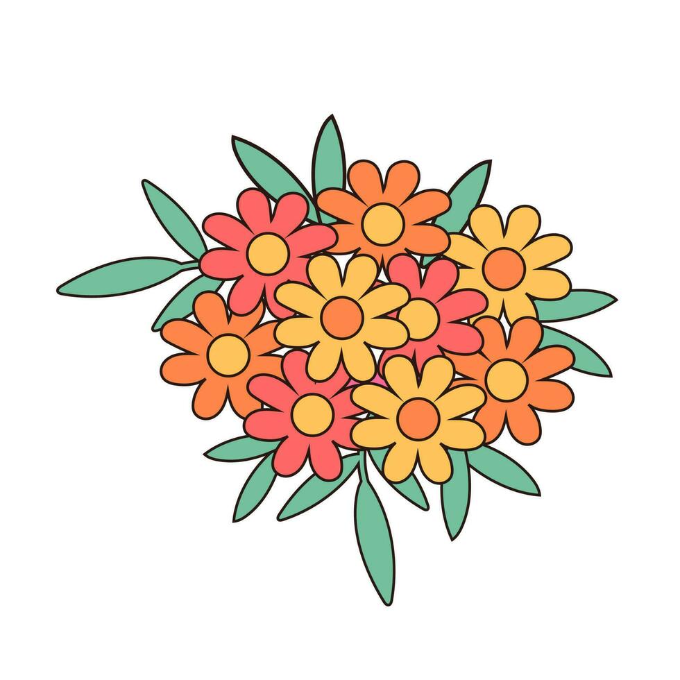 retro groovy hand- getrokken boeket van bloemen. lineair kleur vector illustratie.