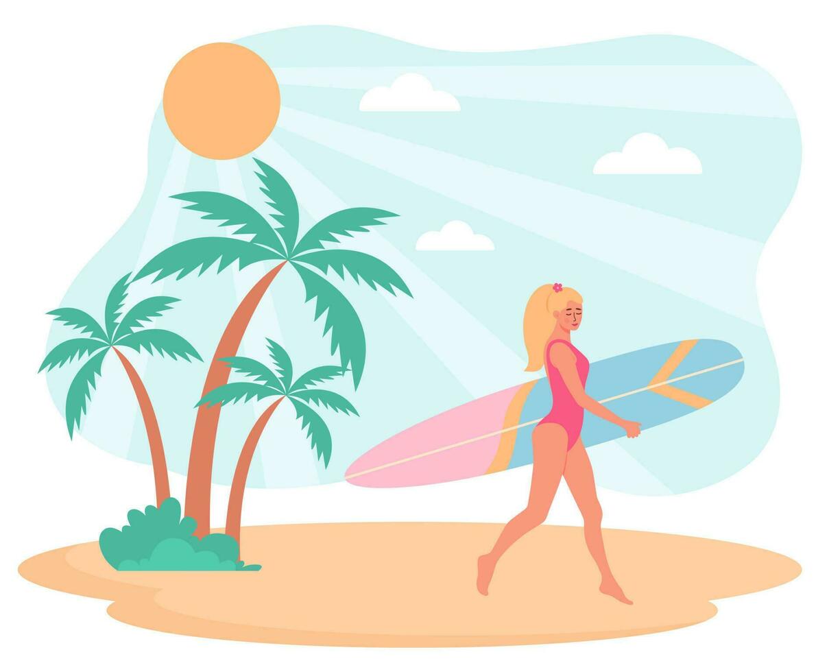 vrouw in zwempak met surfboard wandelen Aan de strand.tropisch palmen zijn in de buurt haar. zomer, actief sport, surfen, vakantie concept. vlak tekenfilm vector illustratie.