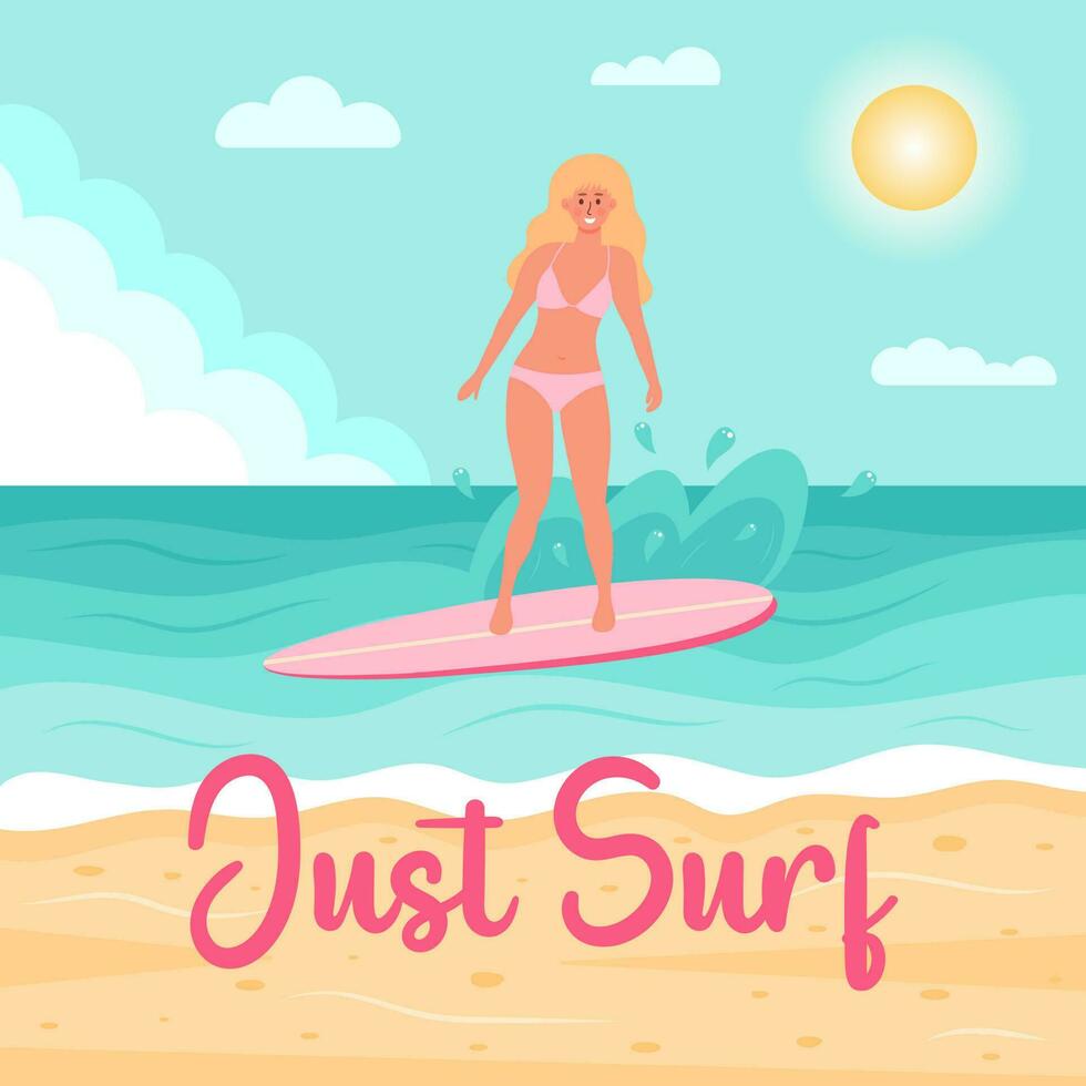 blond vrouw in zwempak Aan de surfboard in de oceaan. zomer zeegezicht, actief sport, surfing Aan oceaan golven, vakantie concept. alleen maar surfen tekst. vlak tekenfilm vector illustratie.