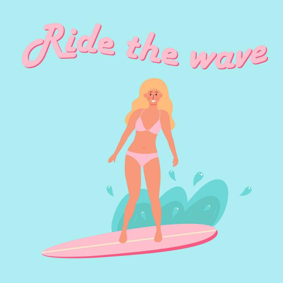 vrouw in zwempak Aan de surfplank. rijden de Golf belettering. zomer, actief sport, surfing Aan oceaan golven, vakantie concept. vlak tekenfilm vector illustratie.