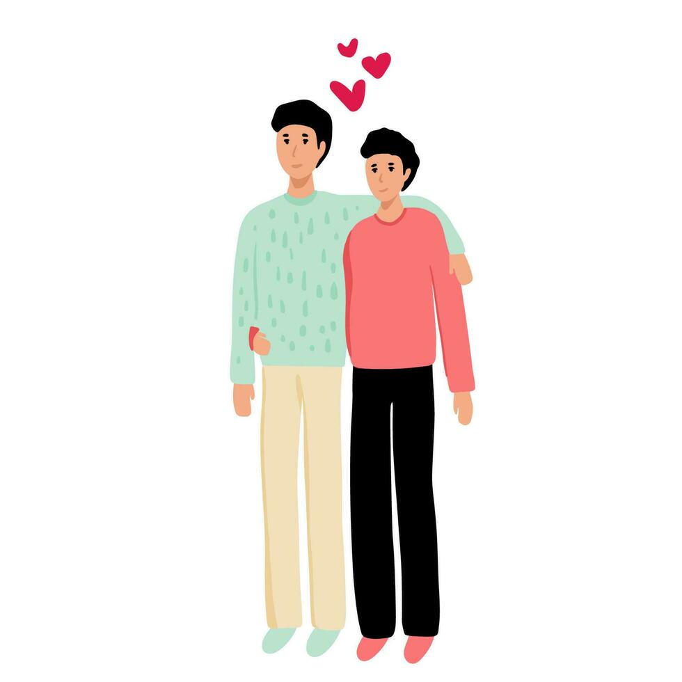 homoseksueel paar. vector illustratie van twee jong mannen omhelzing elk ander. homo paar in liefde op zoek Aan elk ander. homo paar in liefde. geïsoleerd Aan wit achtergrond