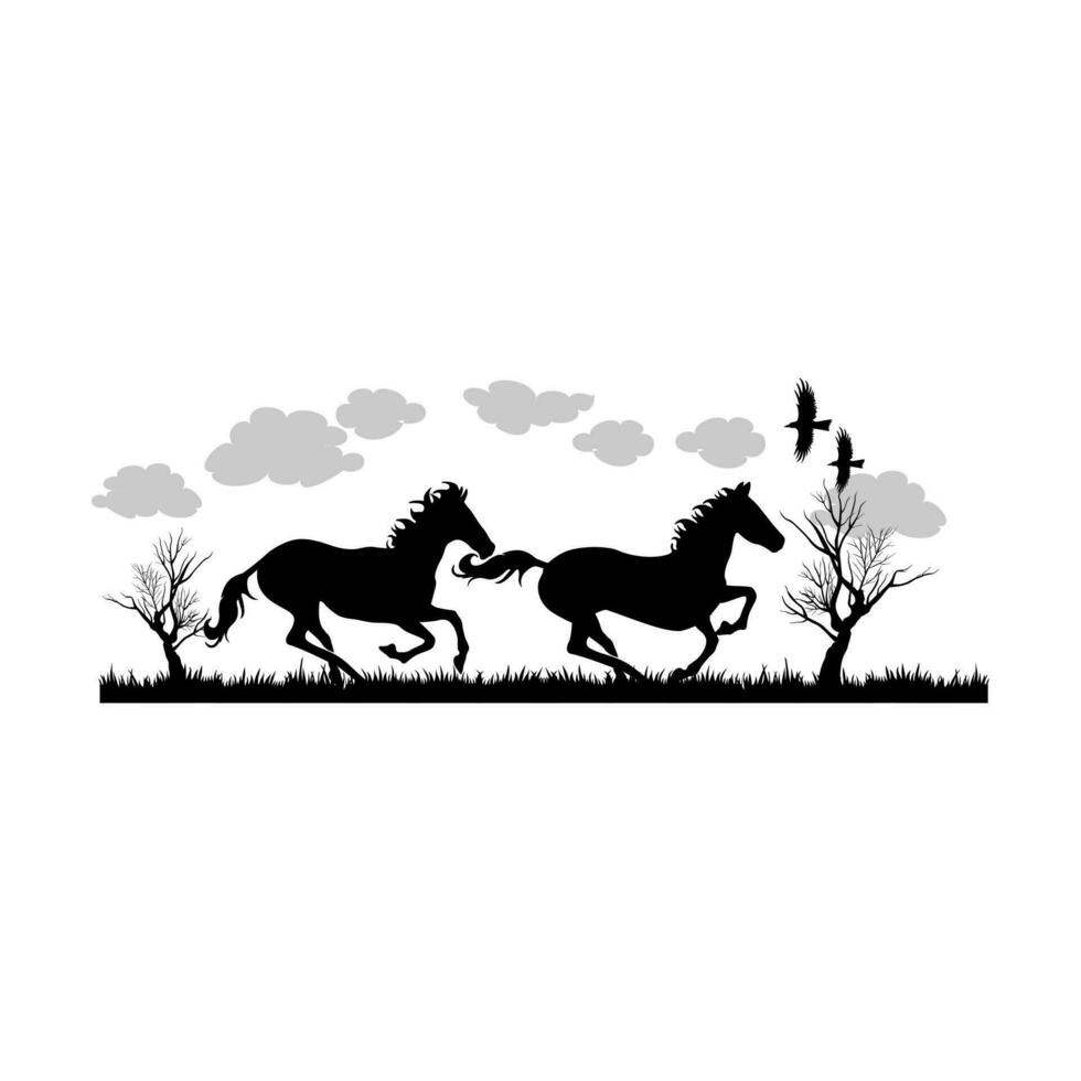 paarden rennen in de wildernis in zwart en wit illustratie ontwerp vector
