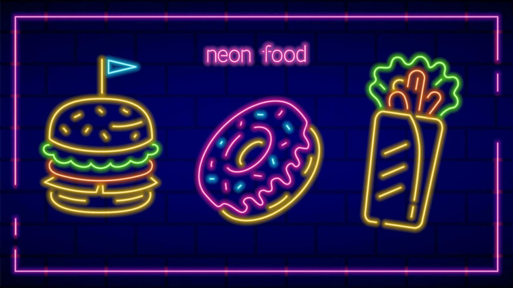 drie neon snel voedsel pictogrammen, hamburger, donut en shoarma, gloeiend tekens, verlichte vector ontwerp decoraties.