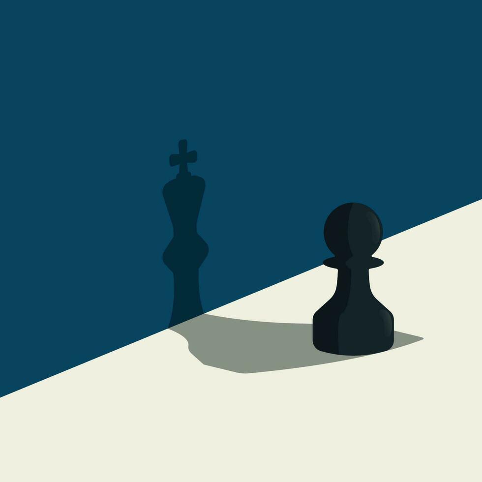 schaak pion staand met schaduw van koning. zelfverzekerd concept vector illustratie