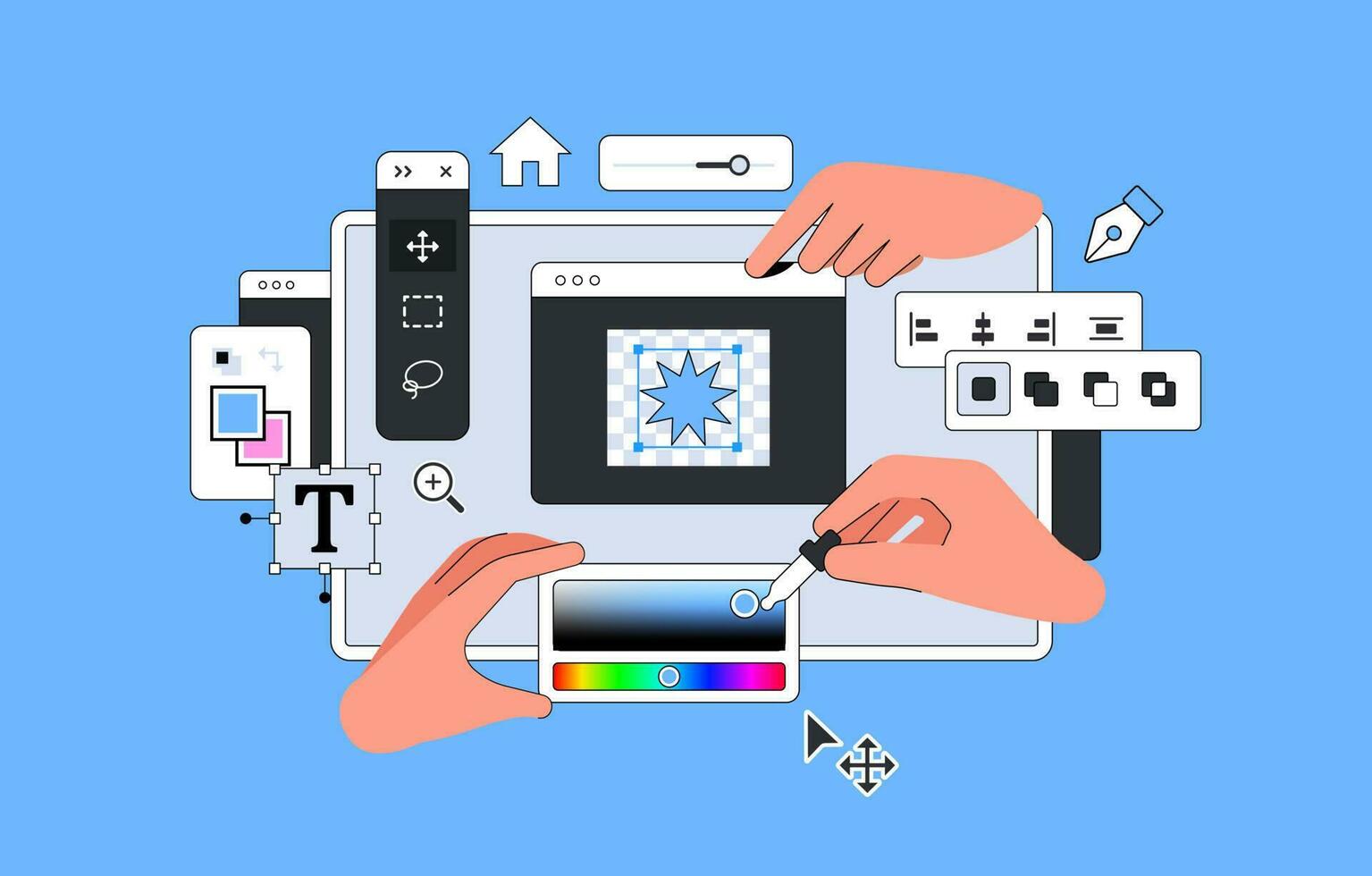 ui ontwerp lay-out vector illustratie met handen. gereedschap voor professioneel digitaal kunst in raster grafiek bewerken. ontwerper dashboard