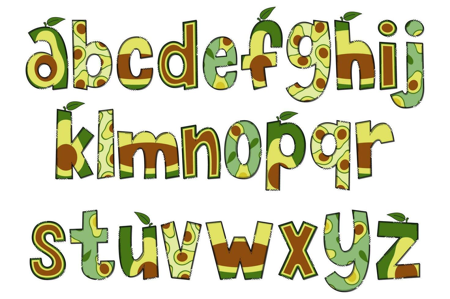 handgemaakt avocado brieven. kleur creatief kunst typografisch ontwerp vector