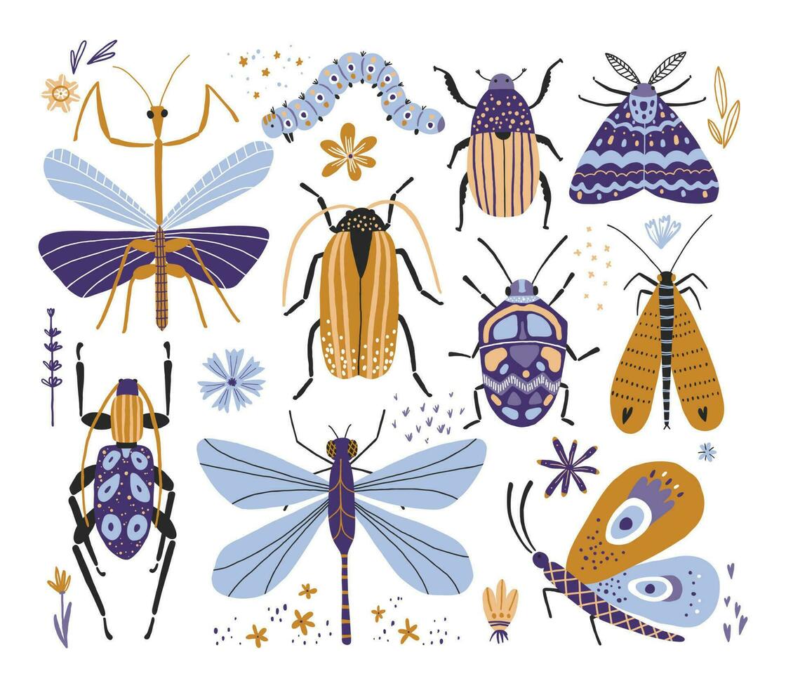 grappig hand- getrokken insecten set. gestileerde bugs illustratie vector