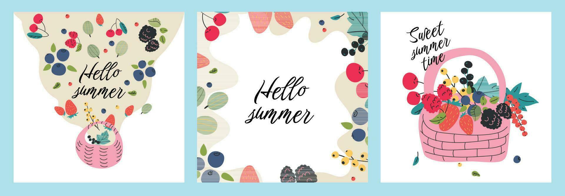 Hallo zomer.zomer kaarten met schoonschrift belettering, bessen, hand- getrokken illustratie. ideaal voor groet kaarten, spandoeken, affiches, dekt, uitnodigingen en sociaal media of reclame, vector sjabloon