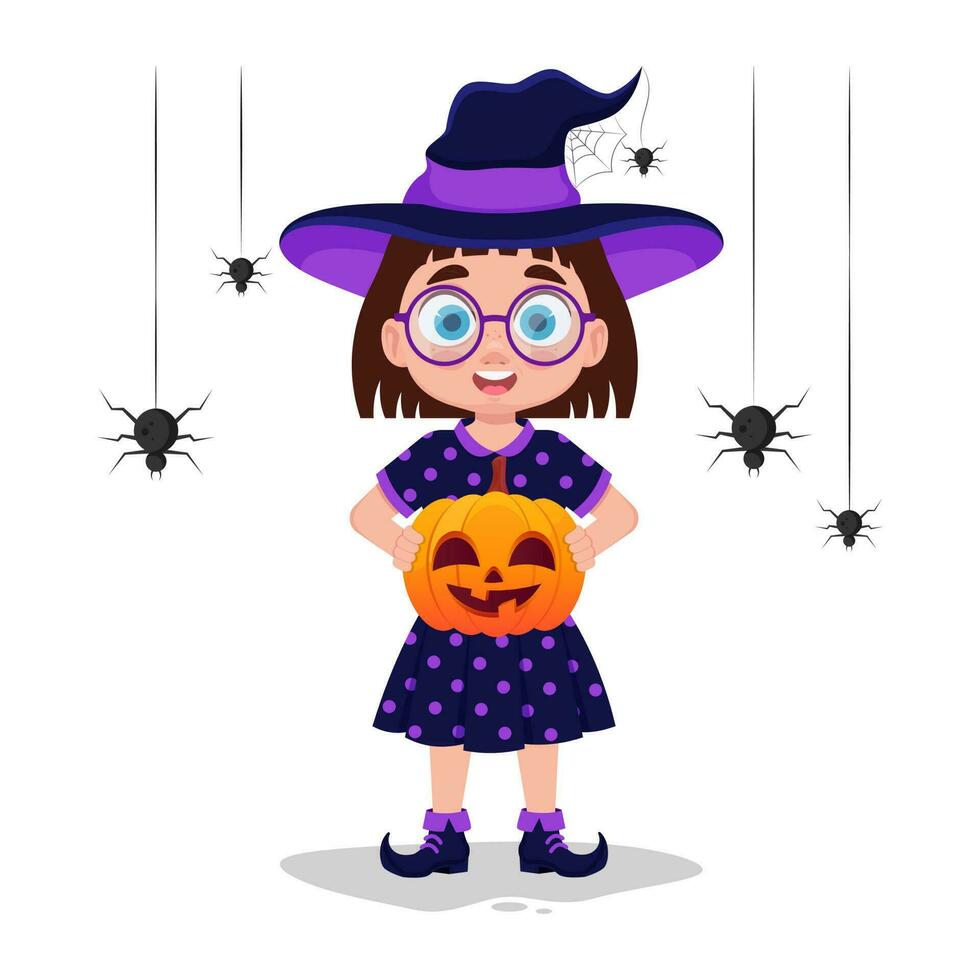 schattig meisje met een pompoen in haar handen, halloween vakantie vector