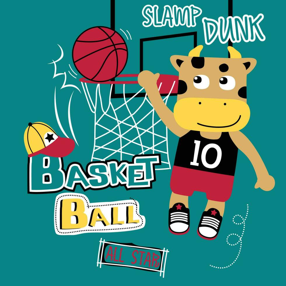 koe spelen basketbal grappig dier tekenfilm vector