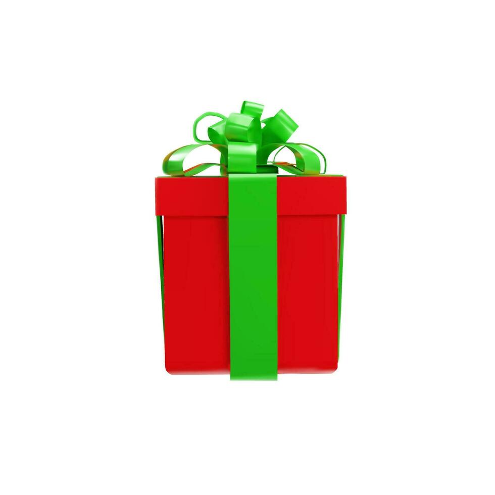 3d geven geschenk doos in voorkant visie. rood doos Cadeau en groen lint voor vakantie, verjaardag, Kerstmis dag, verjaardag, bruiloft feesten. vector illustratie over pakket, prijs, giftbox