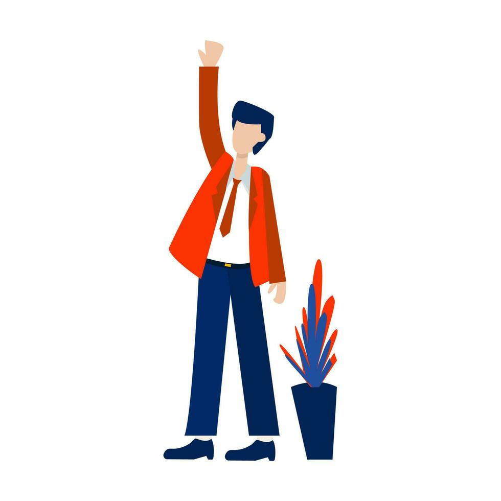 jong zakenman Aan suite staand met verheven hand. vector illustratie in vlak stijl voor bedrijf ontwerp concept.