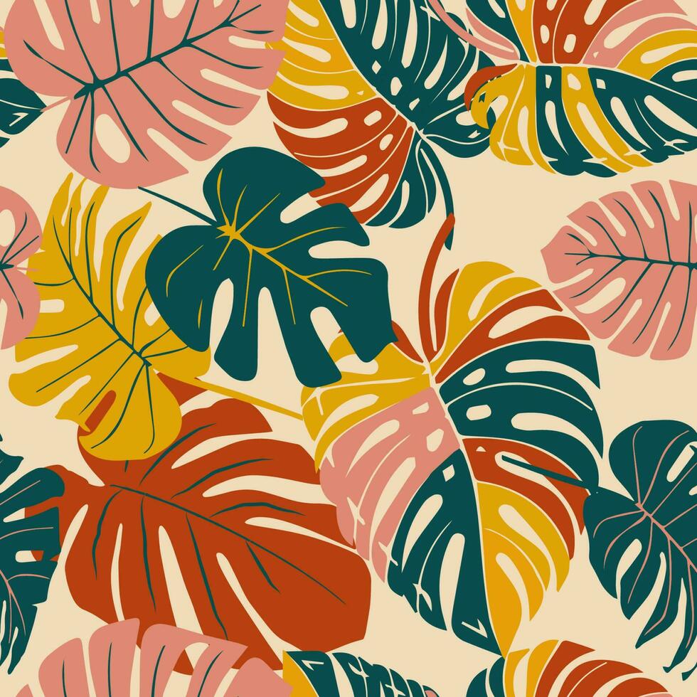 monstera blad naadloos patroon, hand- getrokken botanisch, voorjaar en zomer tijd, groen stijl, natuurlijk ornamenten voor textiel, kleding stof, behang, achtergrond. vector