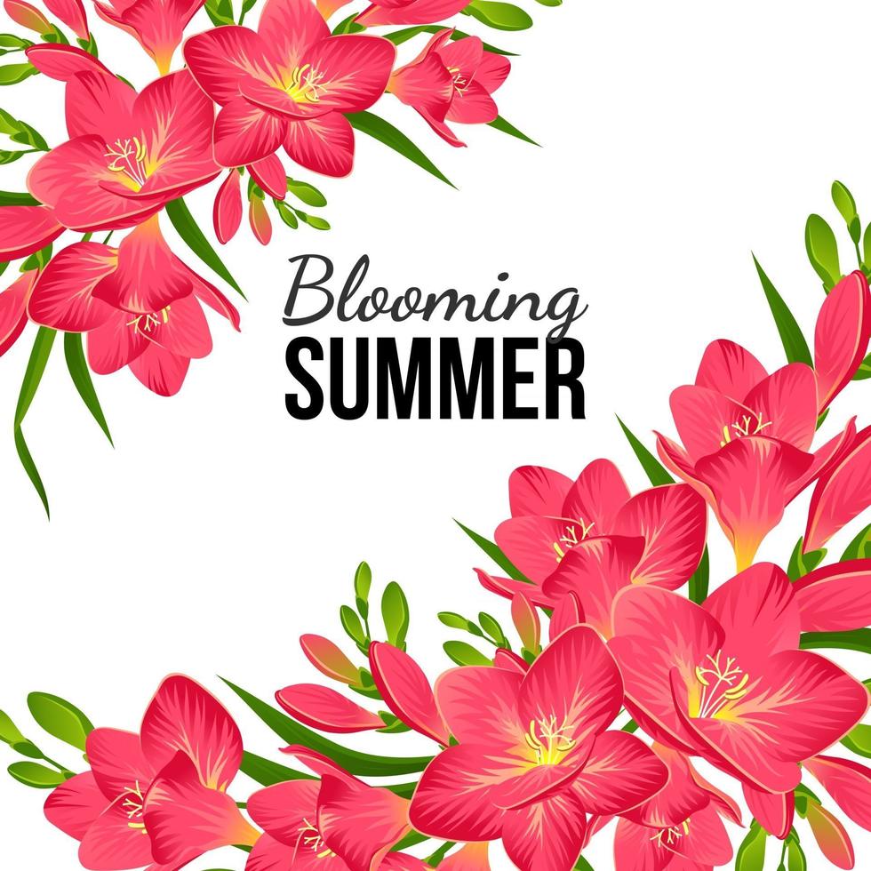 witte banner met roze bloemen in de hoeken vector