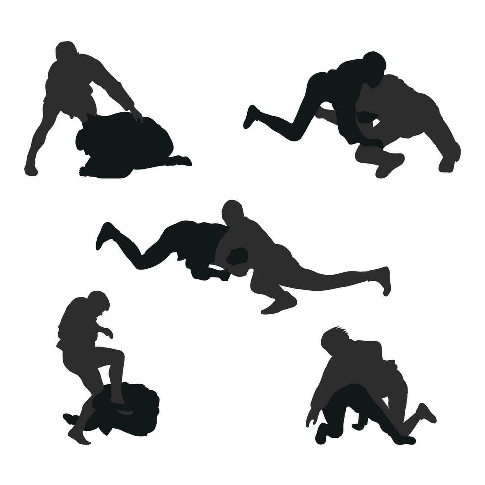 reeks van echt silhouetten van sambo atleten in sambo worstelen, gevecht sambo, duel, gevecht, jiu jitsu. krijgshaftig kunst, sportiviteit vector