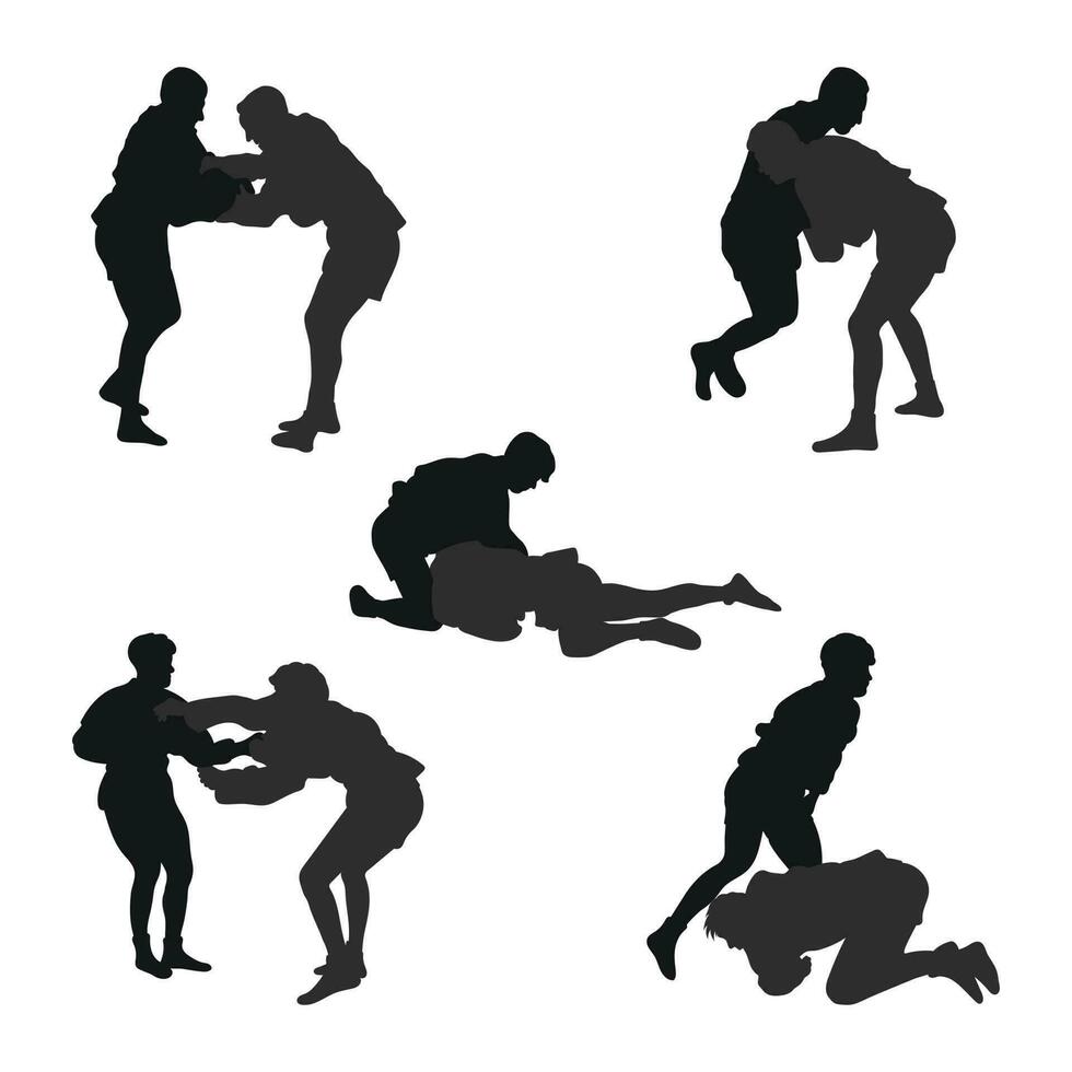 reeks van origineel silhouetten van sambo atleten in sambo worstelen, gevecht sambo, duel, gevecht, jiu jitsu. krijgshaftig kunst, sportiviteit vector