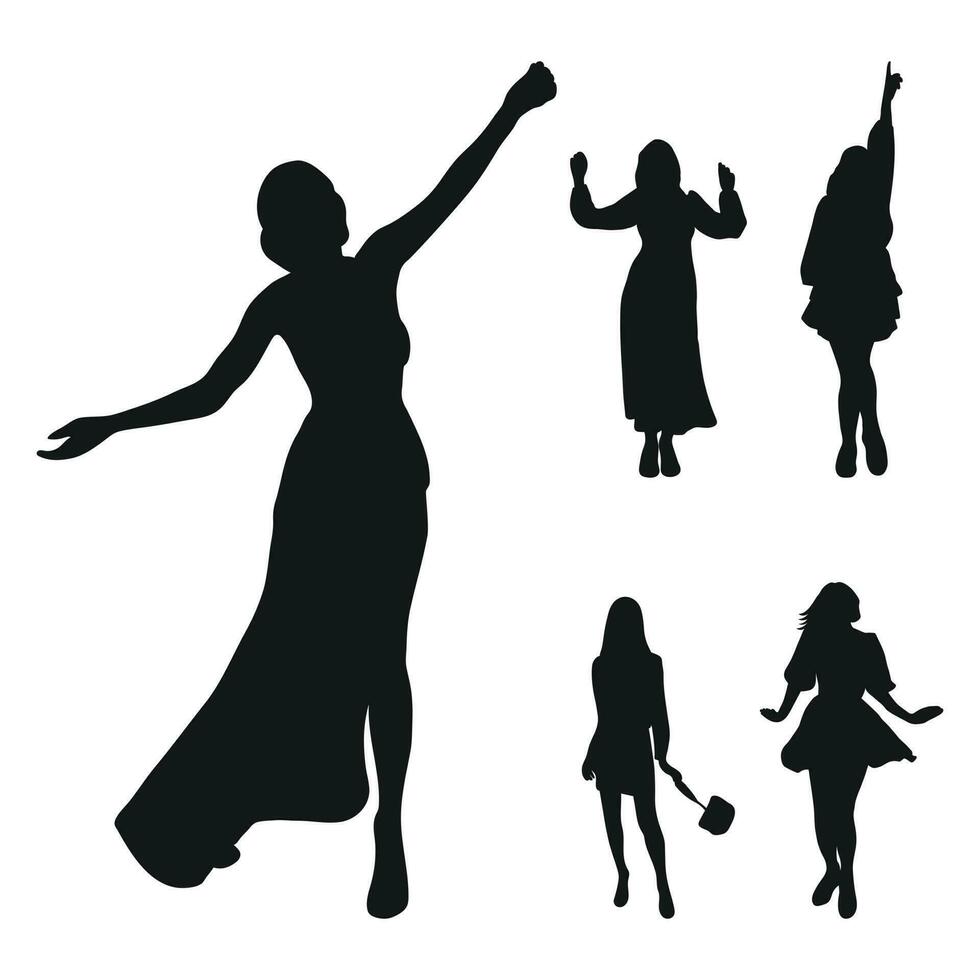 vector silhouet van een bedrijf vrouw staan, mode meisje silhouet in een elegant jurk. staan, dressing, ontmoeting, wandelen, poseren, winkelen, dans, tonen