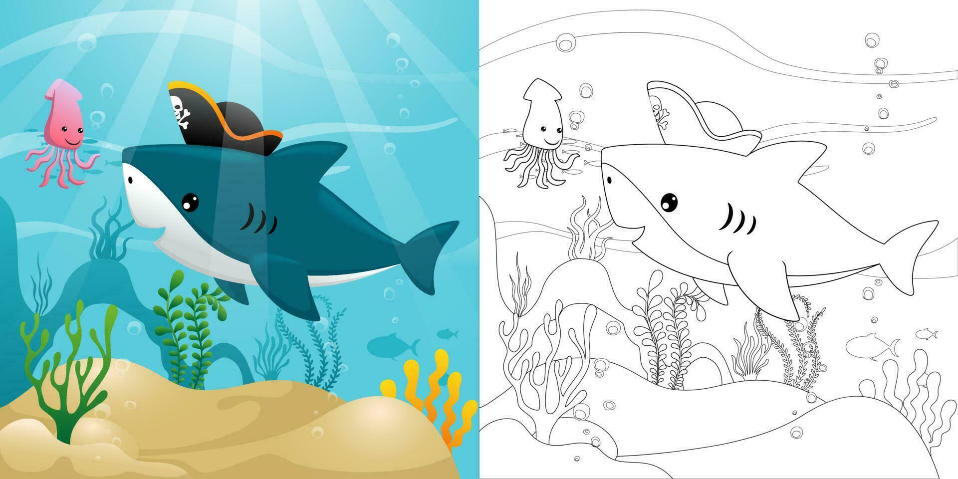 grappig haai tekenfilm vervelend piraat hoed met inktvis onderzees, kleur boek of bladzijde vector