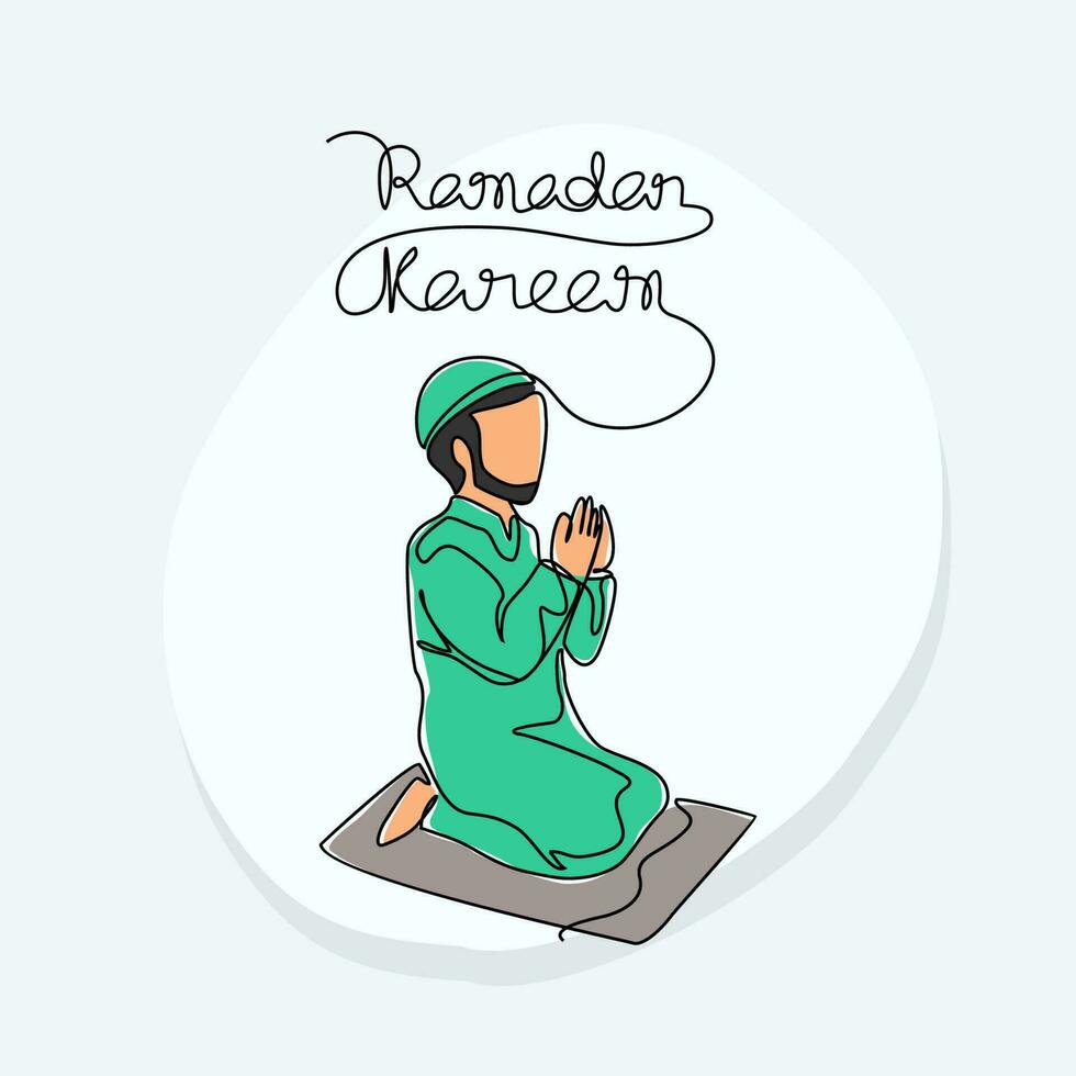 een Moslim Mens is bidden de moskee gedurende Ramadhan tijd in doorlopend lijn kunst tekening stijl. ontwerp met minimalistische zwart lineair ontwerp geïsoleerd Aan wit achtergrond. vector illustratie