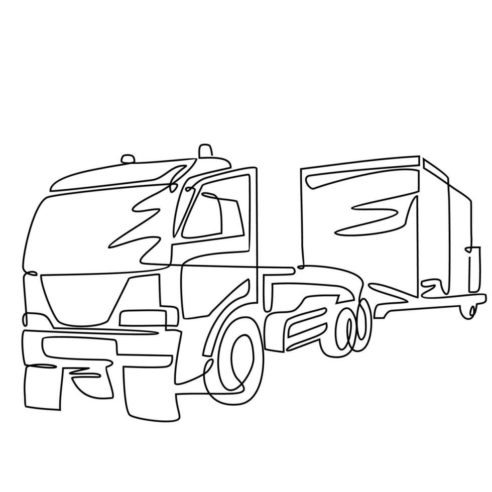 vrachtauto met doos uitrusting pakket Bij industrieel macht fabriek in doorlopend lijn kunst tekening stijl. ontwerp met minimalistische zwart lineair ontwerp geïsoleerd Aan wit achtergrond. vector illustratie