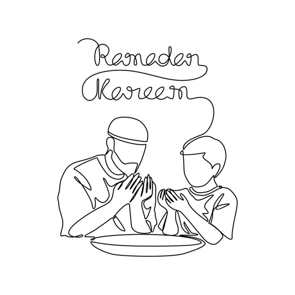 vader en zijn zoon iftar of Open vastend Ramadhan tijd in doorlopend lijn kunst tekening stijl. ontwerp met minimalistische zwart lineair ontwerp geïsoleerd Aan wit achtergrond. vector illustratie