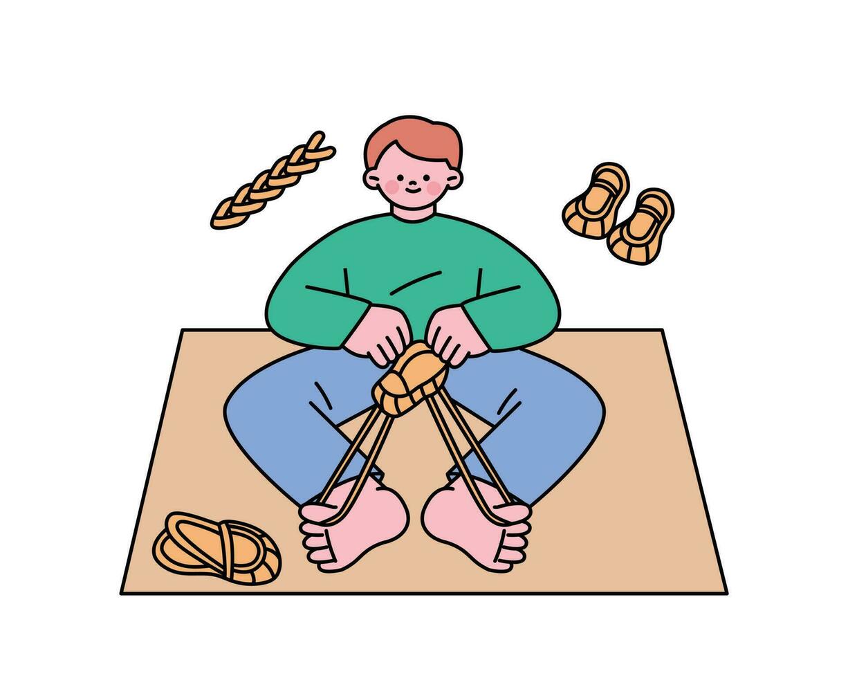hobby klas. een jongen is maken traditioneel Koreaans rietje schoenen. vector