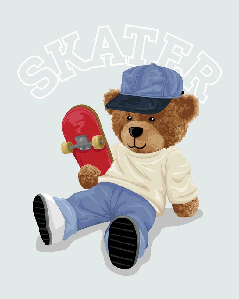 vector illustratie van teddy beer zittend Aan verdieping met skateboard